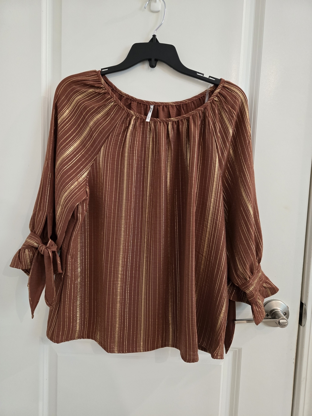 Tie-Sleeve Metallic Stripe Blouse - Brown Size L